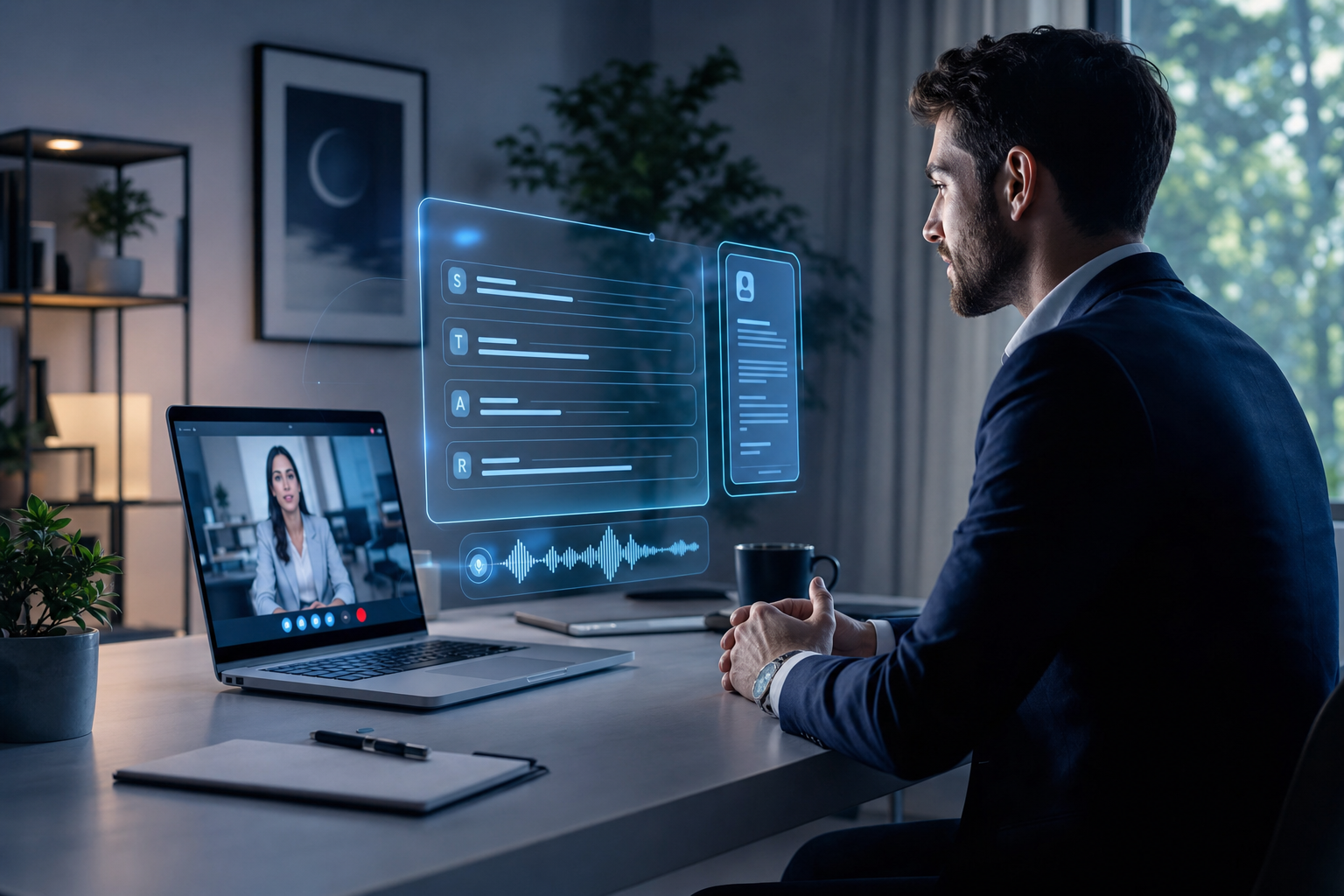 A confident candidate in a live video interview at a sleek desk, with a glowing holographic AI copilot panel beside the call streaming a structured answer, soft blue light