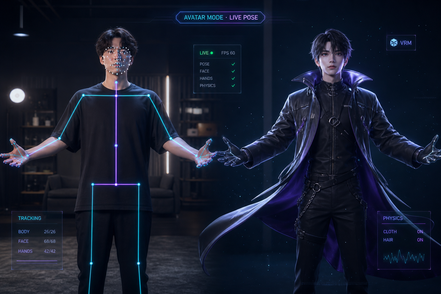 A person beside a rigged 3D avatar mirroring their pose with motion-capture tracking, cloth and hair physics enabled