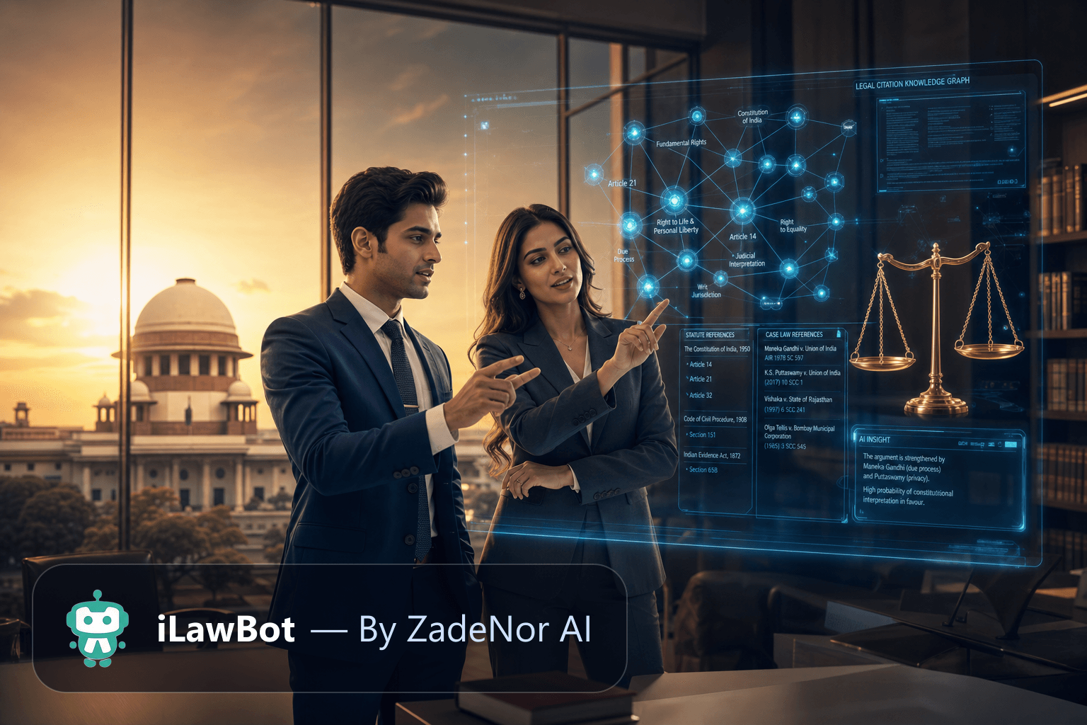 An Indian advocate in black robe and white neckband beside a glowing holographic legal citation knowledge graph and scales of justice, with the Supreme Court dome visible through a glass wall