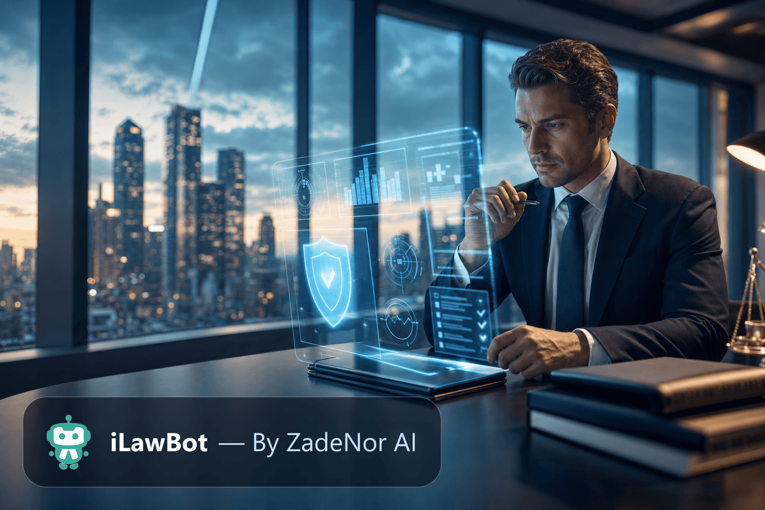 Banking and finance compliance lawyer reviewing a holographic regulatory risk dashboard