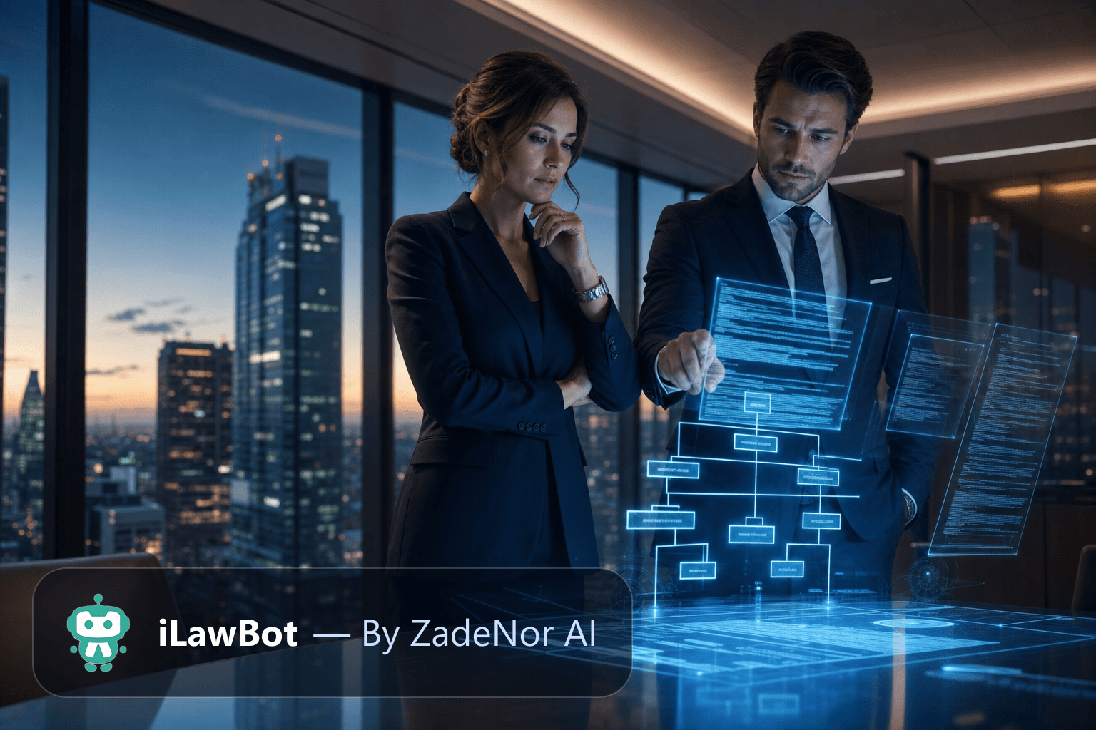 Corporate and M&A lawyers reviewing a holographic deal structure with linked clauses and entities