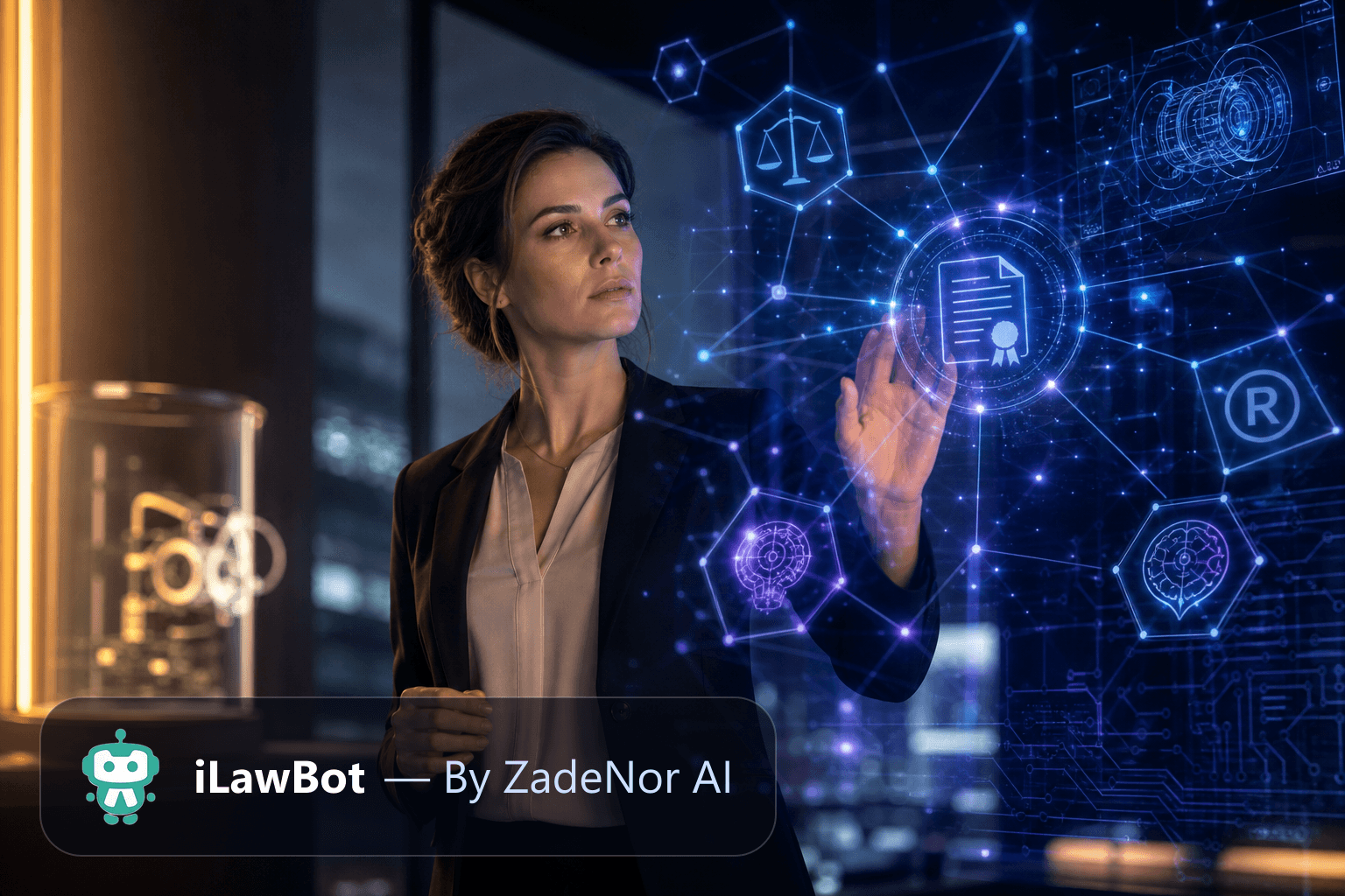 Intellectual property and technology lawyer beside a holographic patent and trademark network