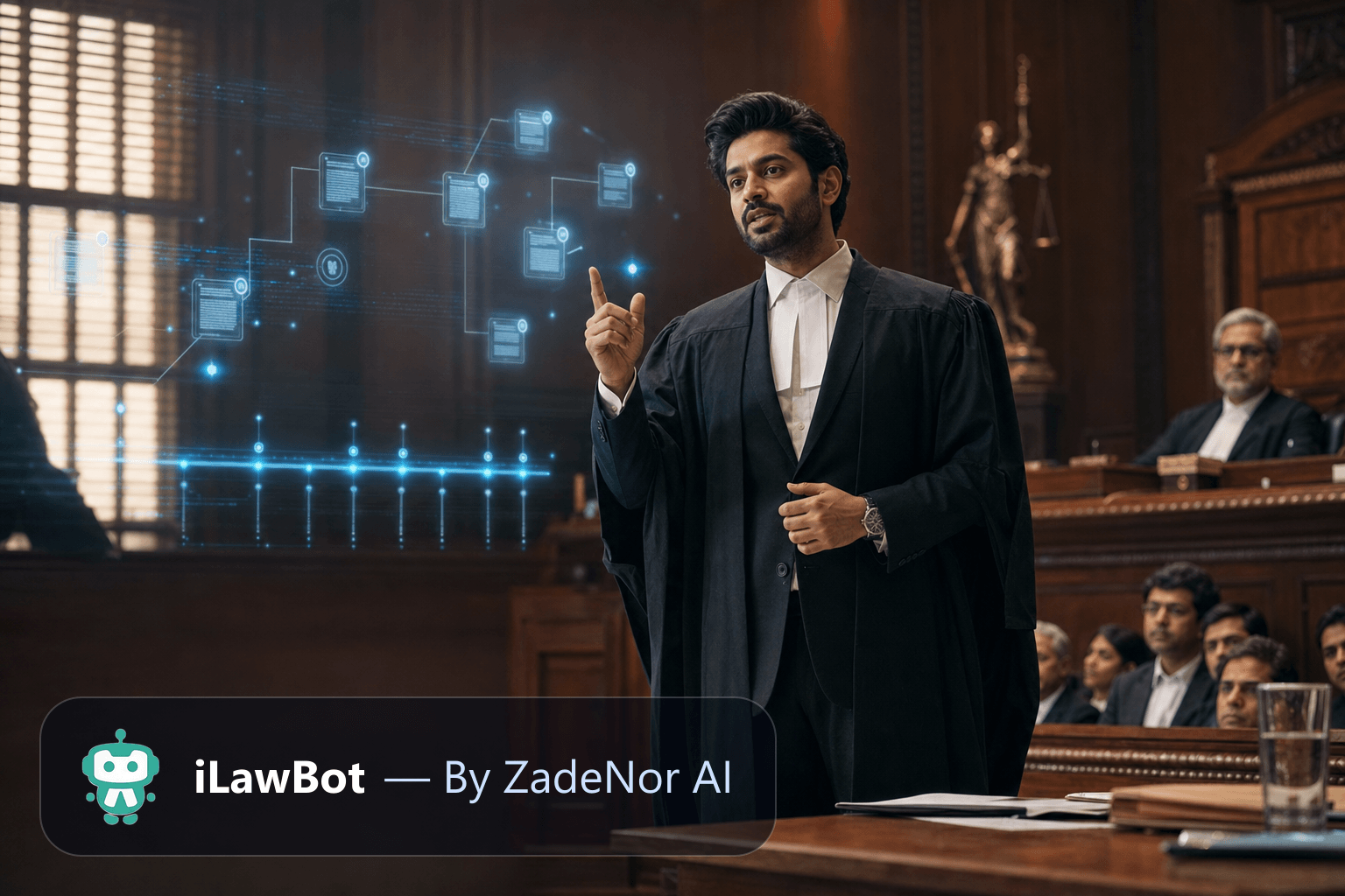 Advocate in an Indian courtroom with a holographic citation and precedent overlay above the case file
