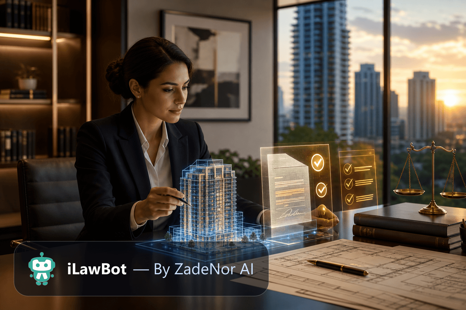 Real estate lawyer with a holographic building model and a title-verification checklist overlay