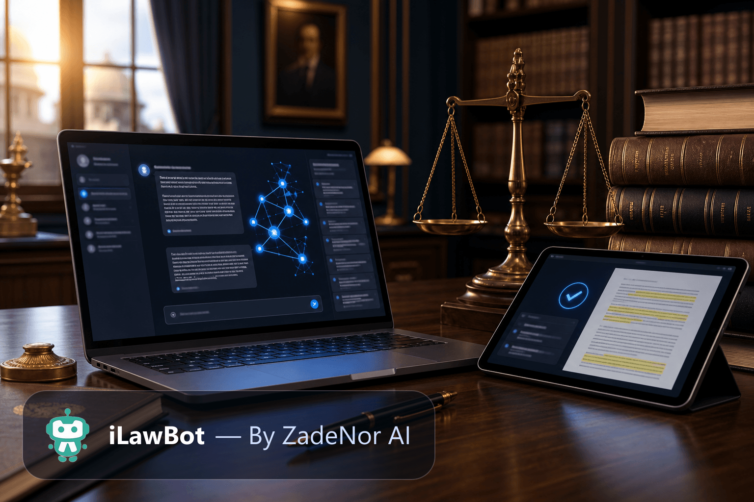 Close-up of a laptop showing an AI legal chat with a citation graph, a tablet showing a verified-citation checkmark on a highlighted document, brass scales and law books