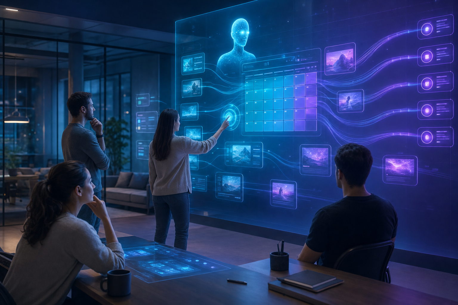A modern marketing agency team watching a holographic wall where an AI autopilot plans a multi-client content calendar and publishes across many social networks