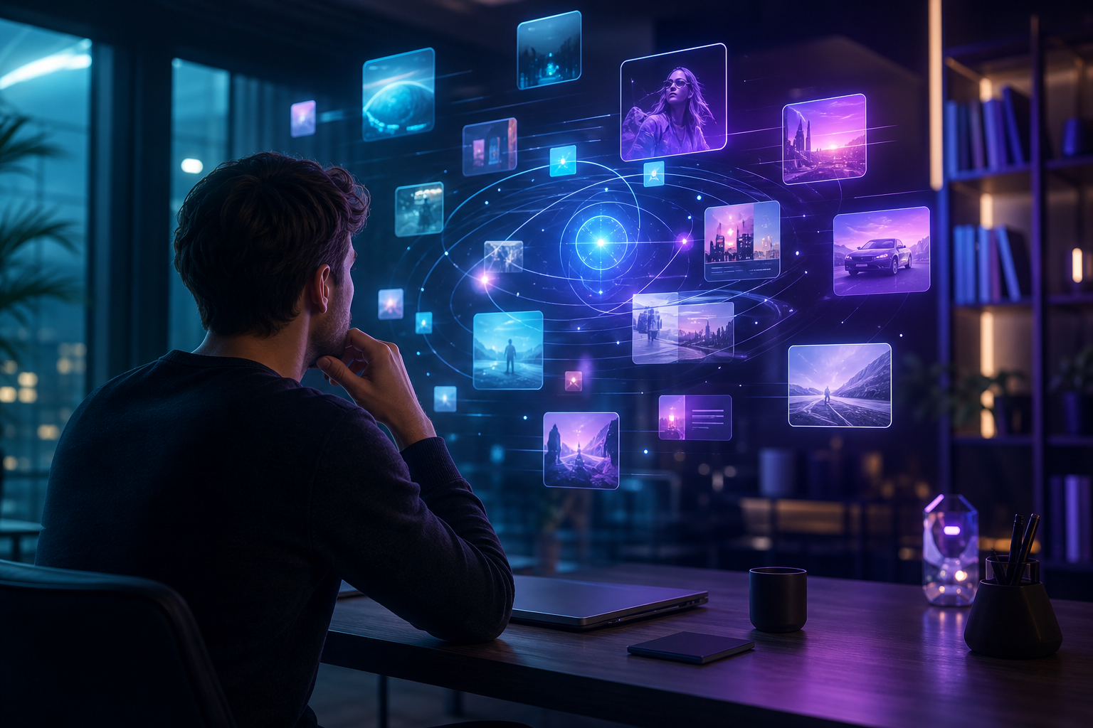 A solo creator at a calm desk surrounded by floating holographic content cards and a glowing AI orbit auto-generating and scheduling social posts across many platforms