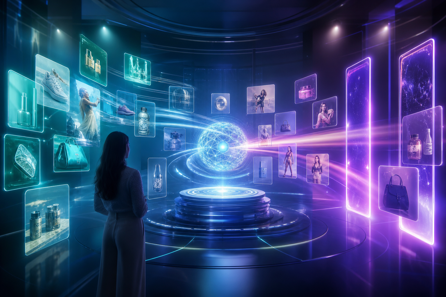A futuristic e-commerce marketing space where holographic product cards and short-form reels orbit an AI core that composes and publishes posts to a fan of social portals