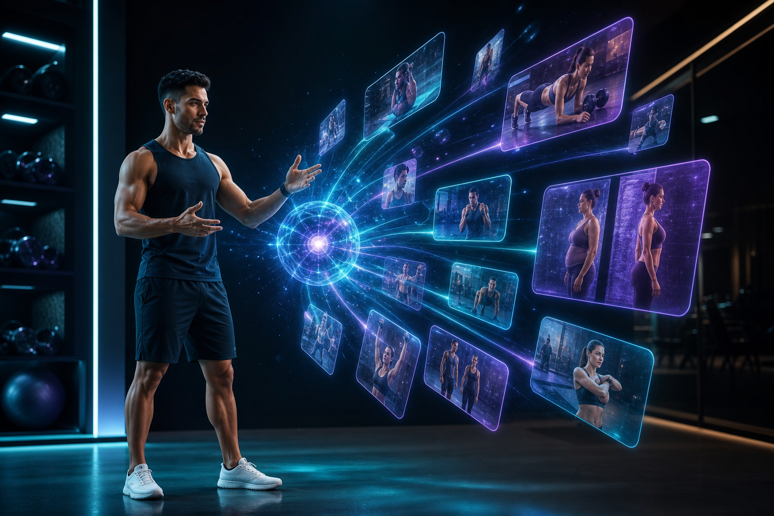 A fitness coach in a premium studio with holographic workout reels and transformation posts generated by an AI orb and streamed to a fan of social portals