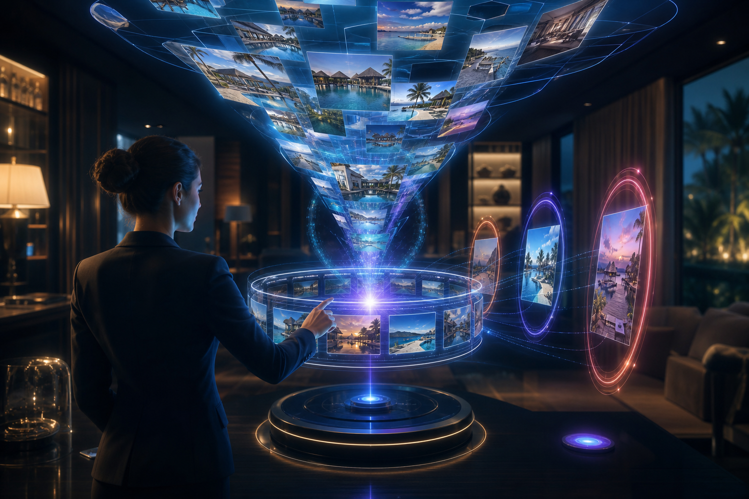 A boutique hotel marketer with holographic reels of resort pools and destinations flowing into an AI publishing core scheduling posts to social portals