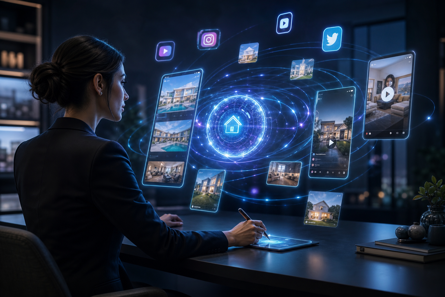 A real-estate agent at a sleek desk with holographic property listing cards and short-form home-tour videos orbiting an AI core that publishes to social portals