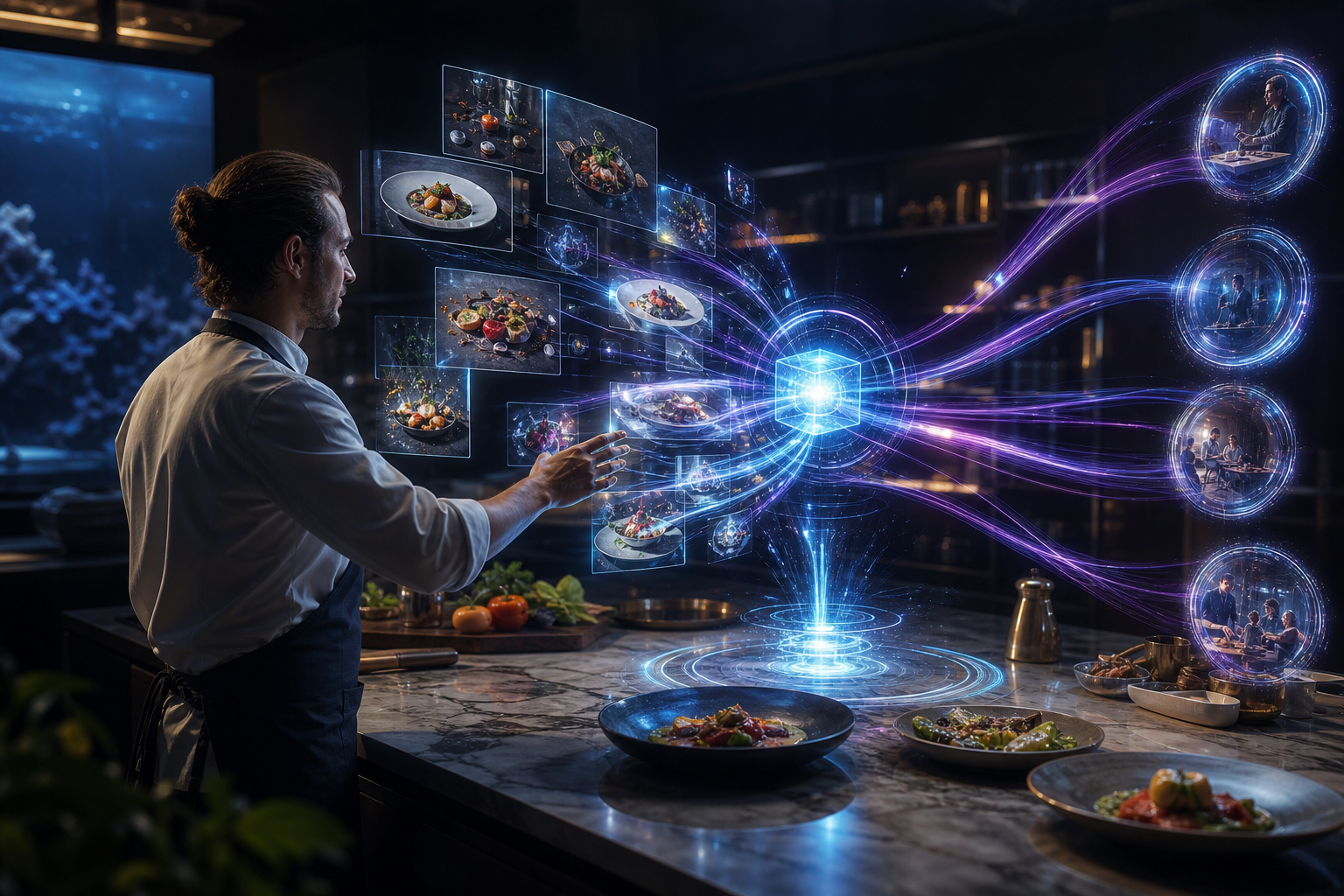 A chef in a moody kitchen studio with holographic food-photography posts and menu reels swirling into an AI publishing core distributing to social portals