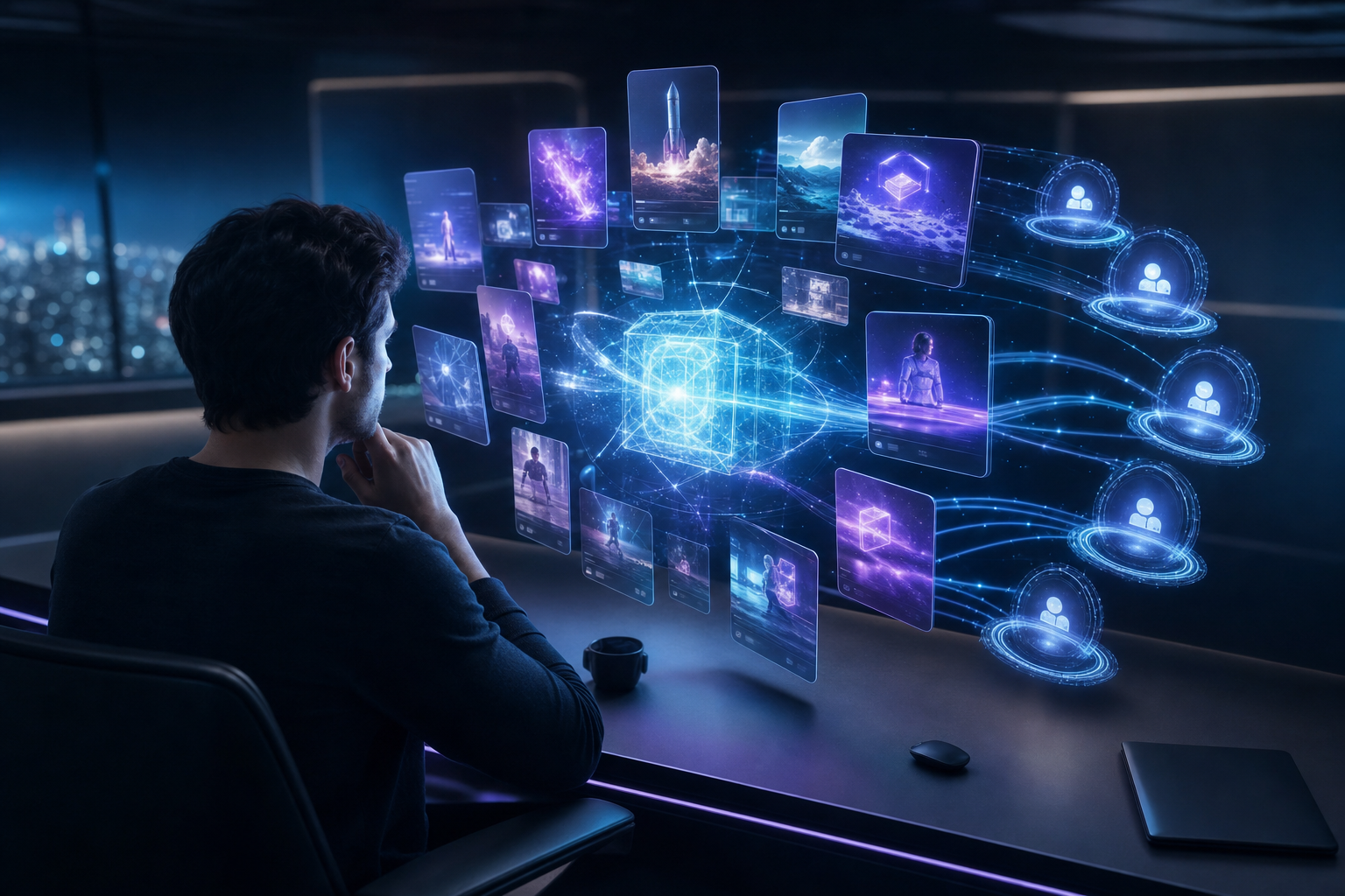A SaaS founder in a dark command studio with holographic product-launch posts and feature-announcement cards orbiting an AI core that auto-schedules across social portals