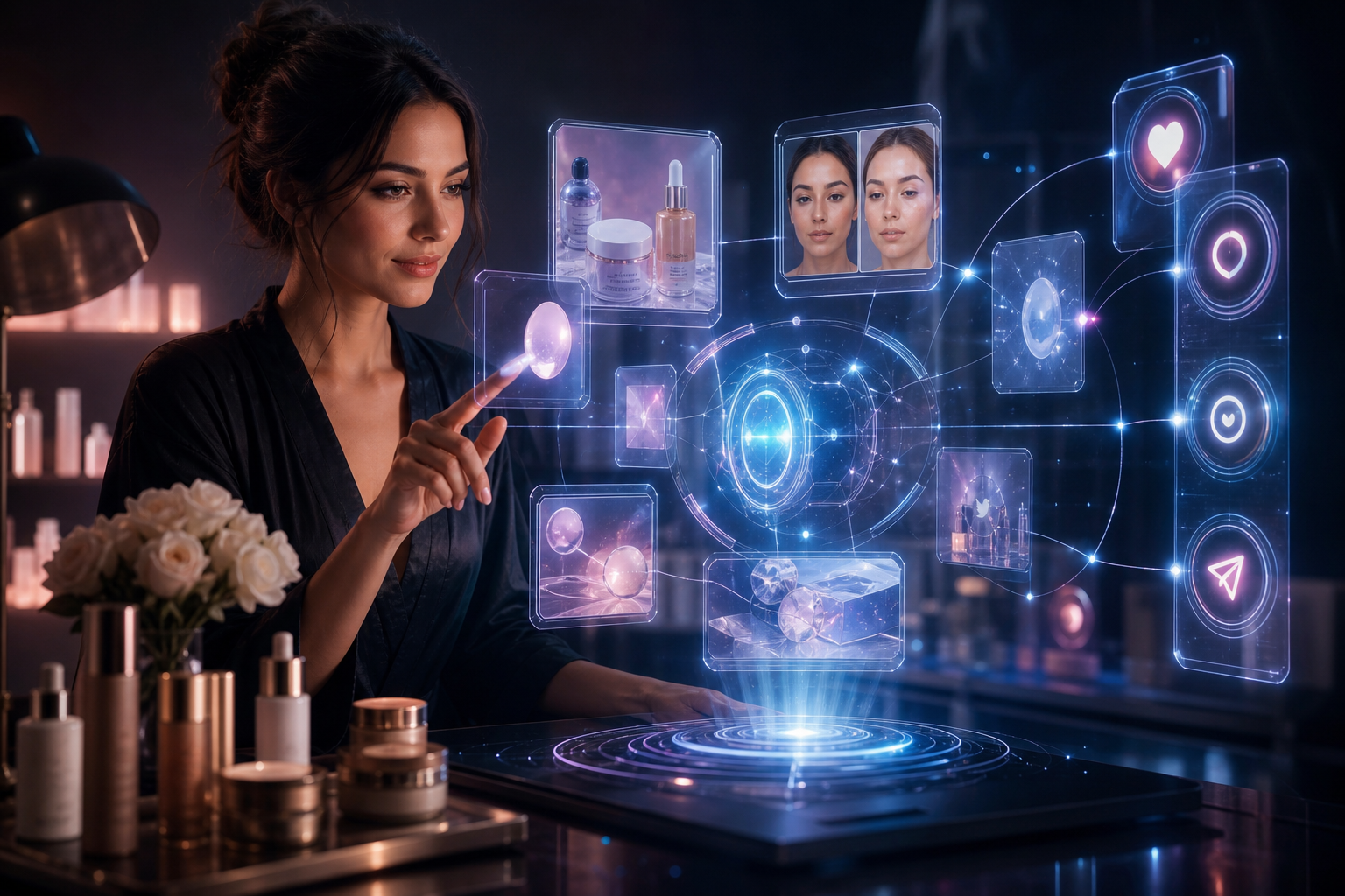 A beauty brand creator in a soft-lit studio with holographic product posts and before-and-after reels orbiting an AI core auto-publishing across social portals