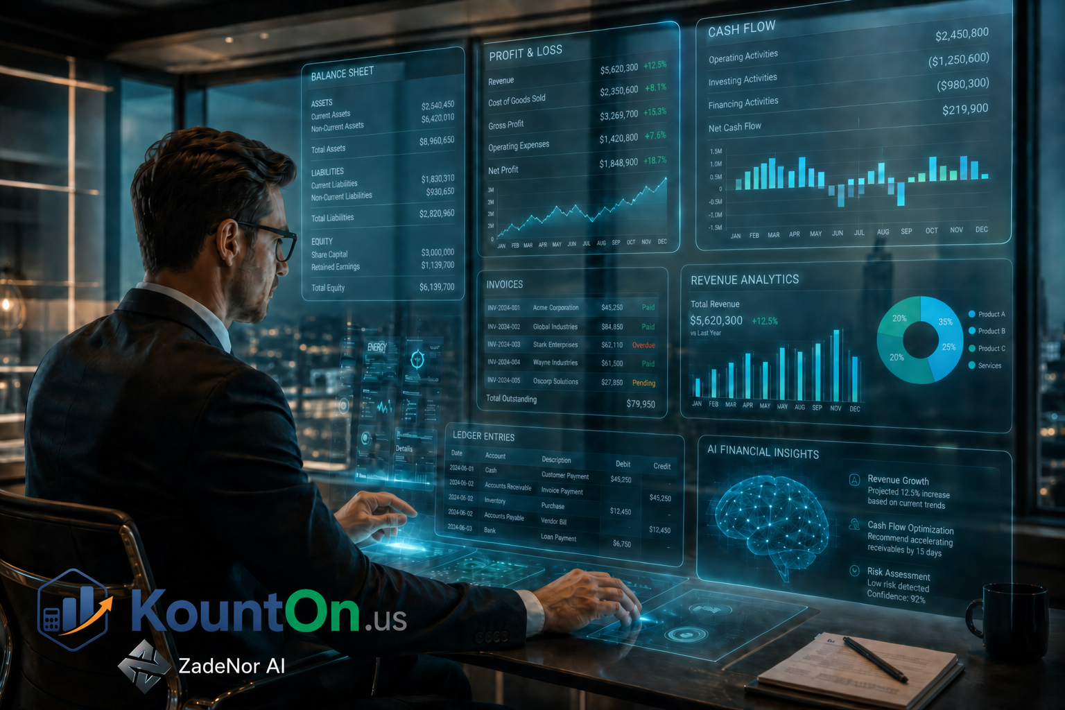 Finance professional working with a glowing holographic accounting dashboard showing balance sheet, profit & loss, cash flow, and an AI insights neural network