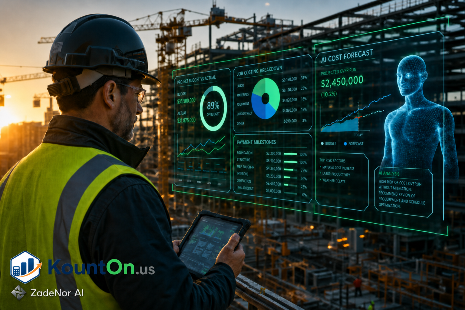 Construction project manager on site reviewing KountOn.us job-cost reports and a holographic profit and loss statement per project