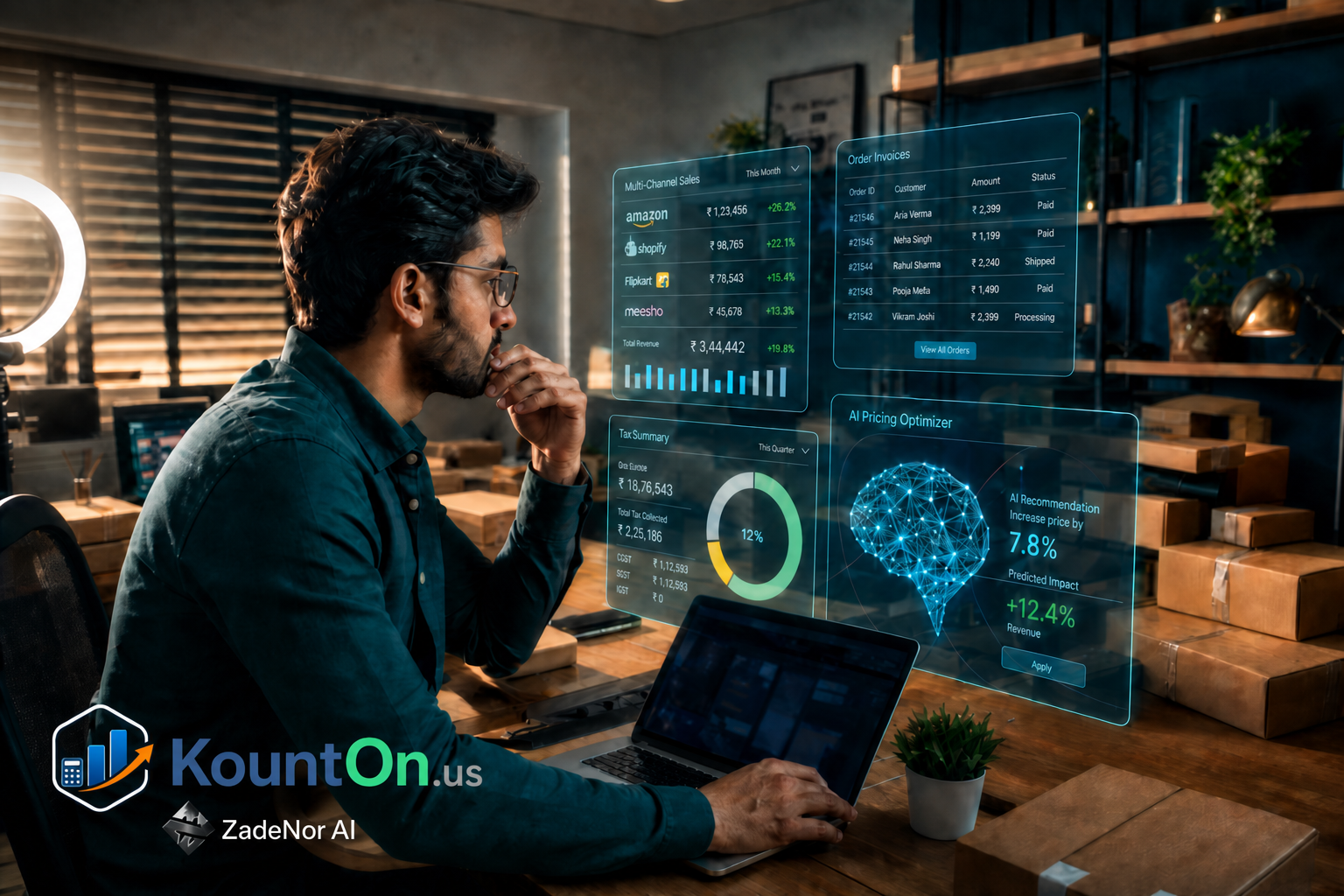 Online seller packing orders beside the KountOn.us dashboard with multi-channel sales, tax breakdowns, and a holographic cash-flow chart