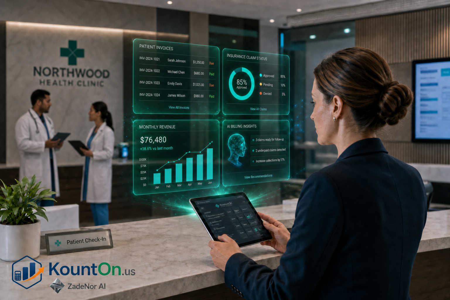 Clinic administrator using KountOn.us to bill patients with a holographic receivables ledger and a reconciled-accounts checkmark
