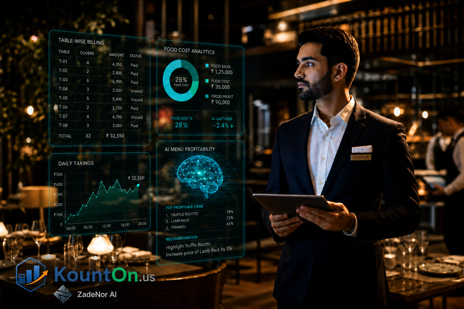 Restaurant manager reviewing the KountOn.us dashboard with table orders, daily takings, and a holographic cash-flow forecast