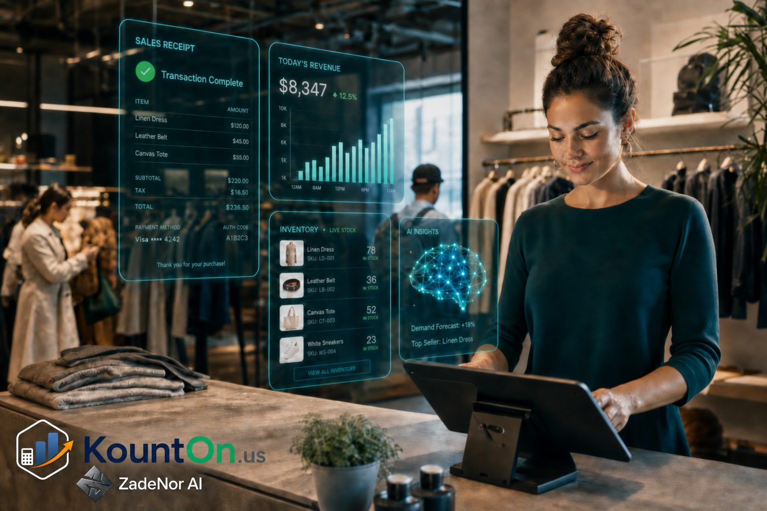 Retail shop owner ringing up a sale on the KountOn.us point-of-sale screen with live inventory and a holographic profit and loss summary