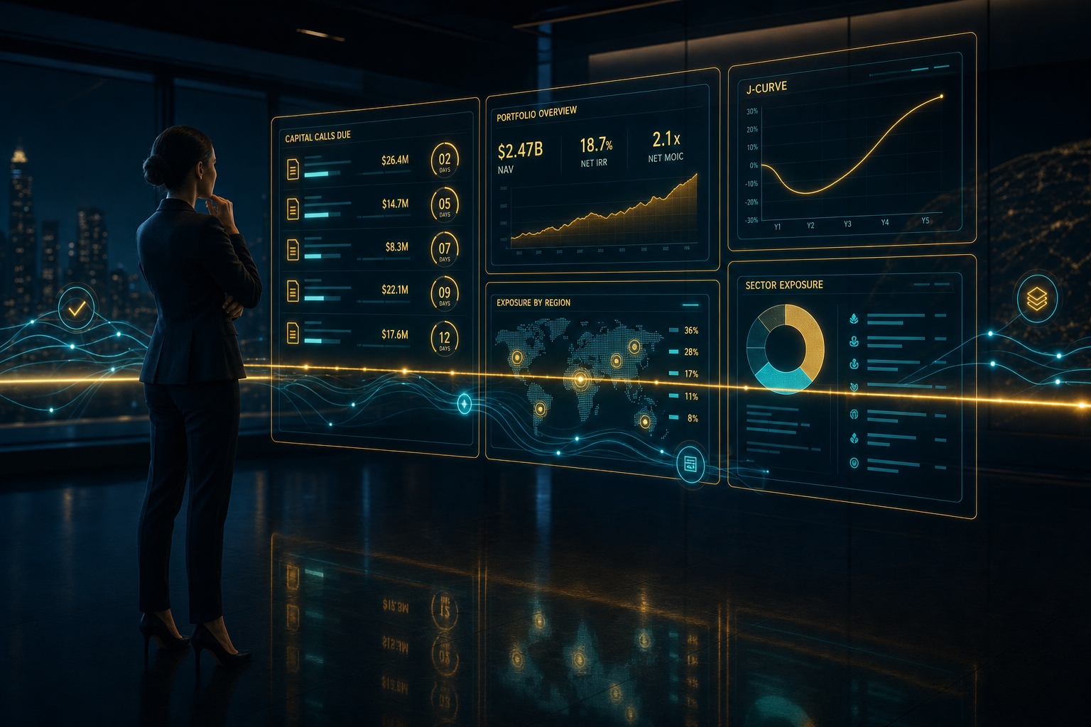 Private-capital command center with a glowing holographic dashboard showing capital calls, distributions, NAV, reconciliation, and an IRR performance meridian