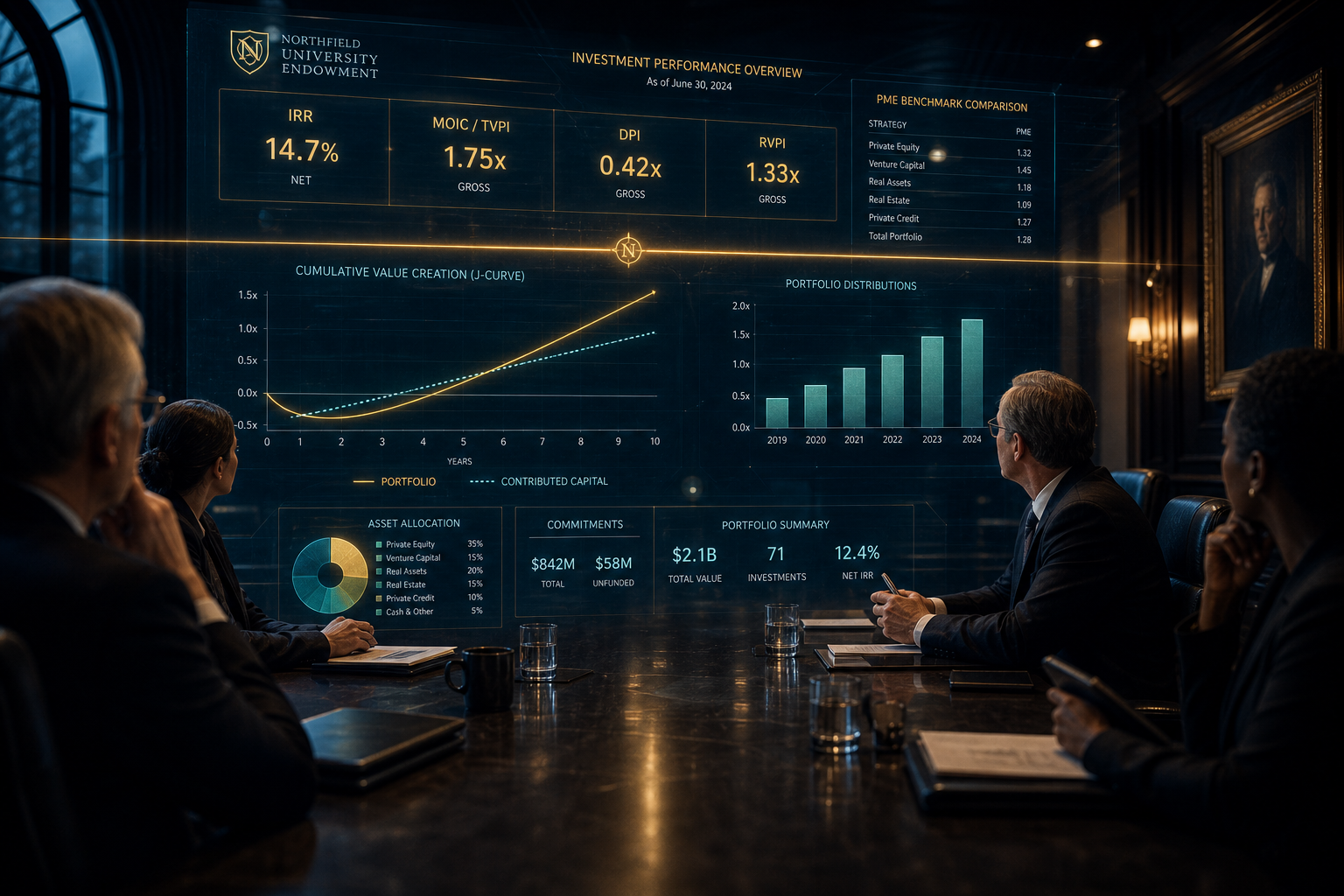 Endowment CIO beside the Sovereign ZX dashboard showing exposure by strategy, spending policy pacing, and a holographic TVPI and DPI panel