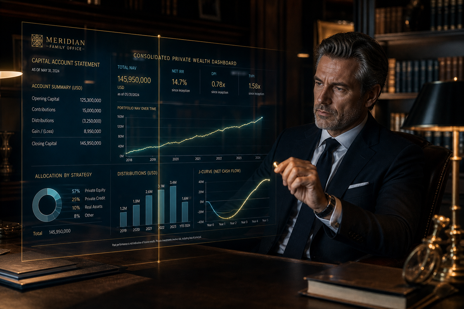 Family office principal and advisor viewing the Sovereign ZX Partner Portal with capital-account statements and a holographic total-portfolio view