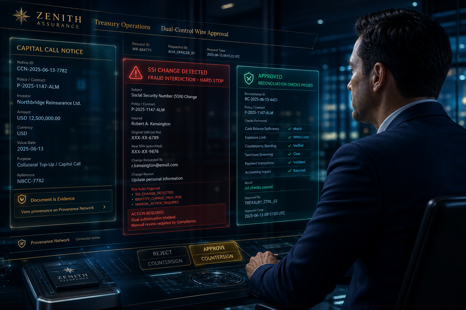 Insurance investment officer using Sovereign ZX to reconcile custodian positions with a holographic capital-account statement and SLA countdown