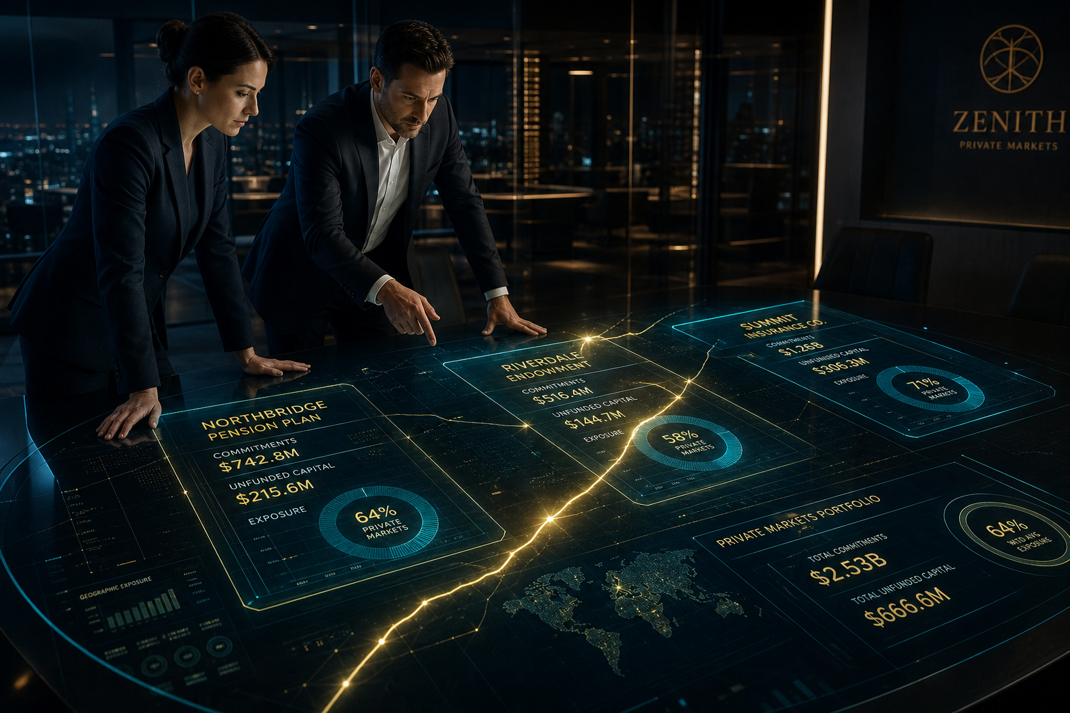 Outsourced CIO reviewing multiple client entities in Sovereign ZX with per-client reporting packs and a holographic exposure map