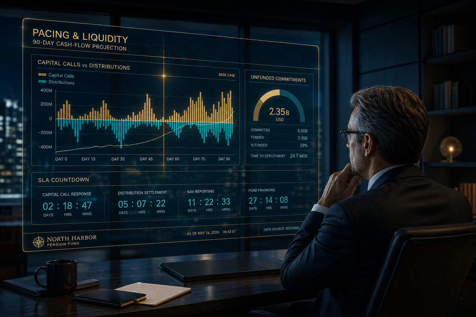 Pension fund investment team reviewing the Sovereign ZX command center with commitment pacing, unfunded roll-forward, and a holographic IRR curve