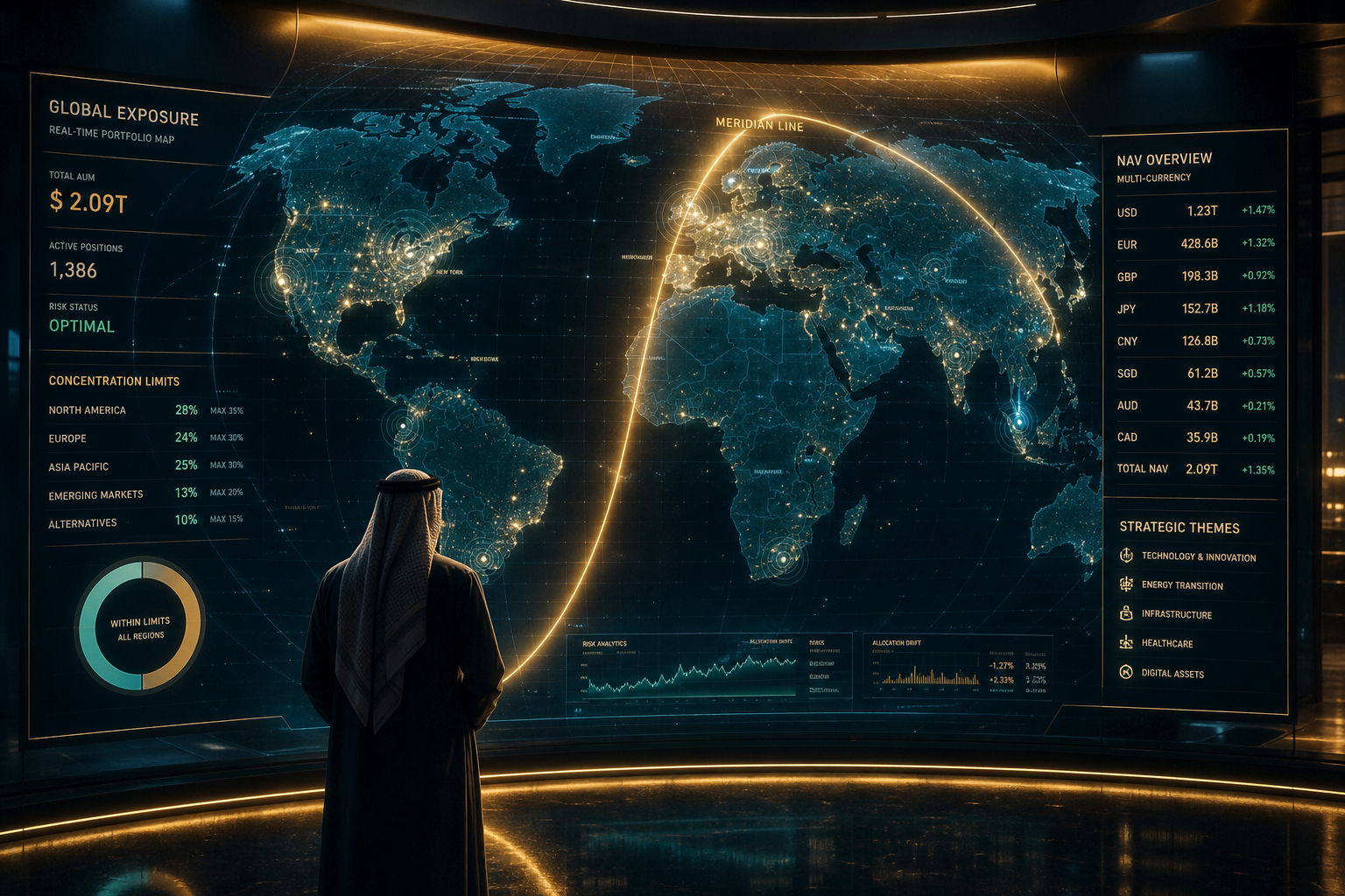 Sovereign wealth fund team at a command wall showing Sovereign ZX multi-entity roll-ups, in-region residency, and a holographic performance meridian