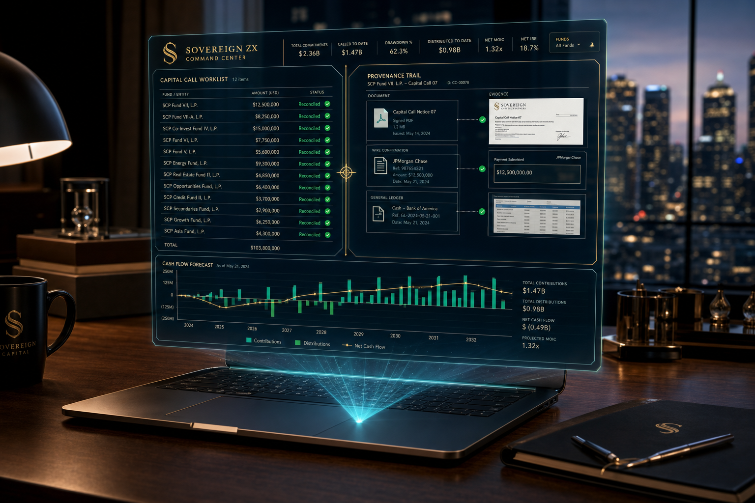 Laptop showing the Sovereign ZX workspace with a commitment register, funding worklist, capital-account statement, and a reconciled-ledger checkmark