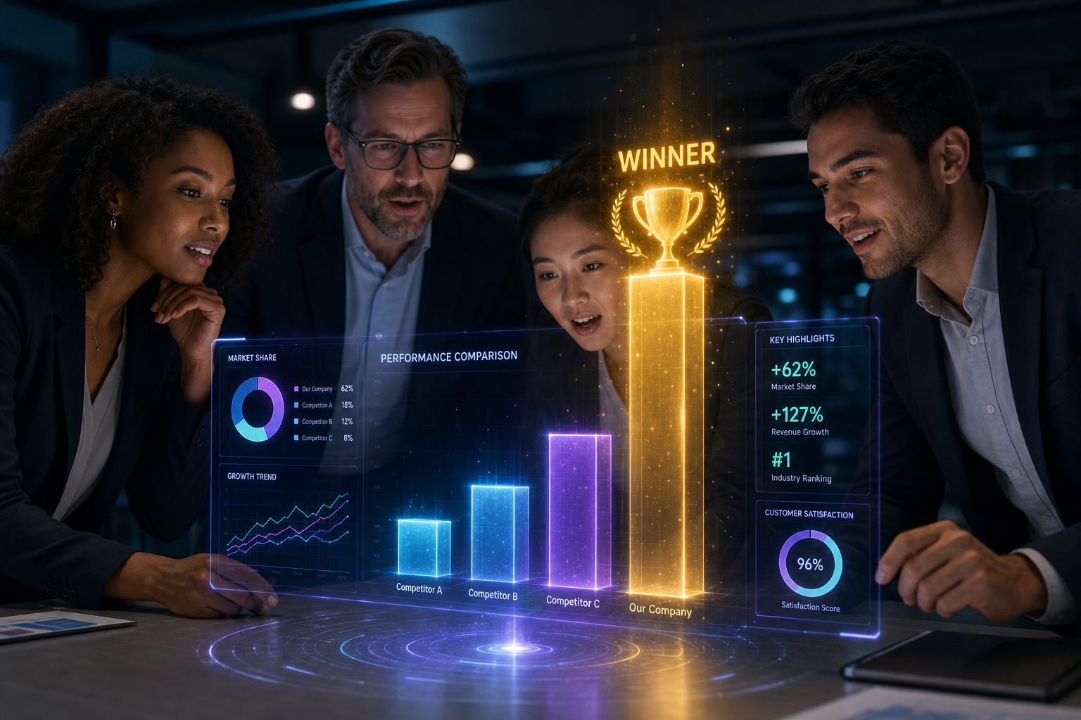 Diverse team gathered around a glowing holographic comparison dashboard