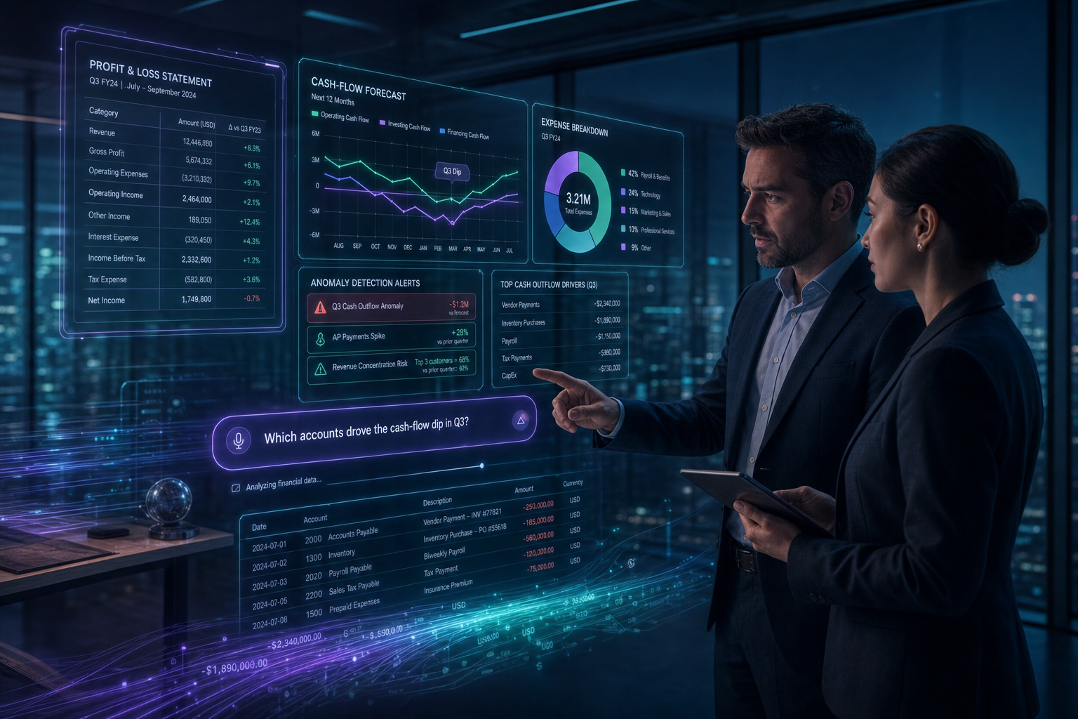 Finance team reviewing a holographic profit & loss, cash-flow forecast and anomaly-detection dashboard