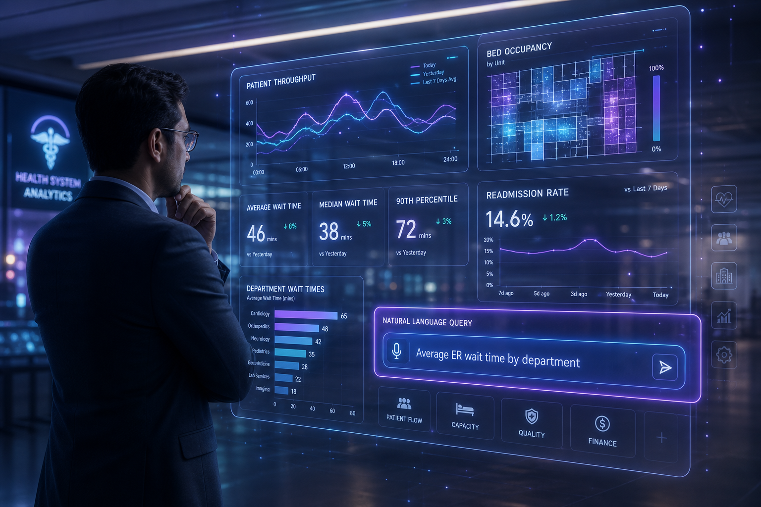 Healthcare analyst studying a holographic patient throughput and bed-occupancy dashboard