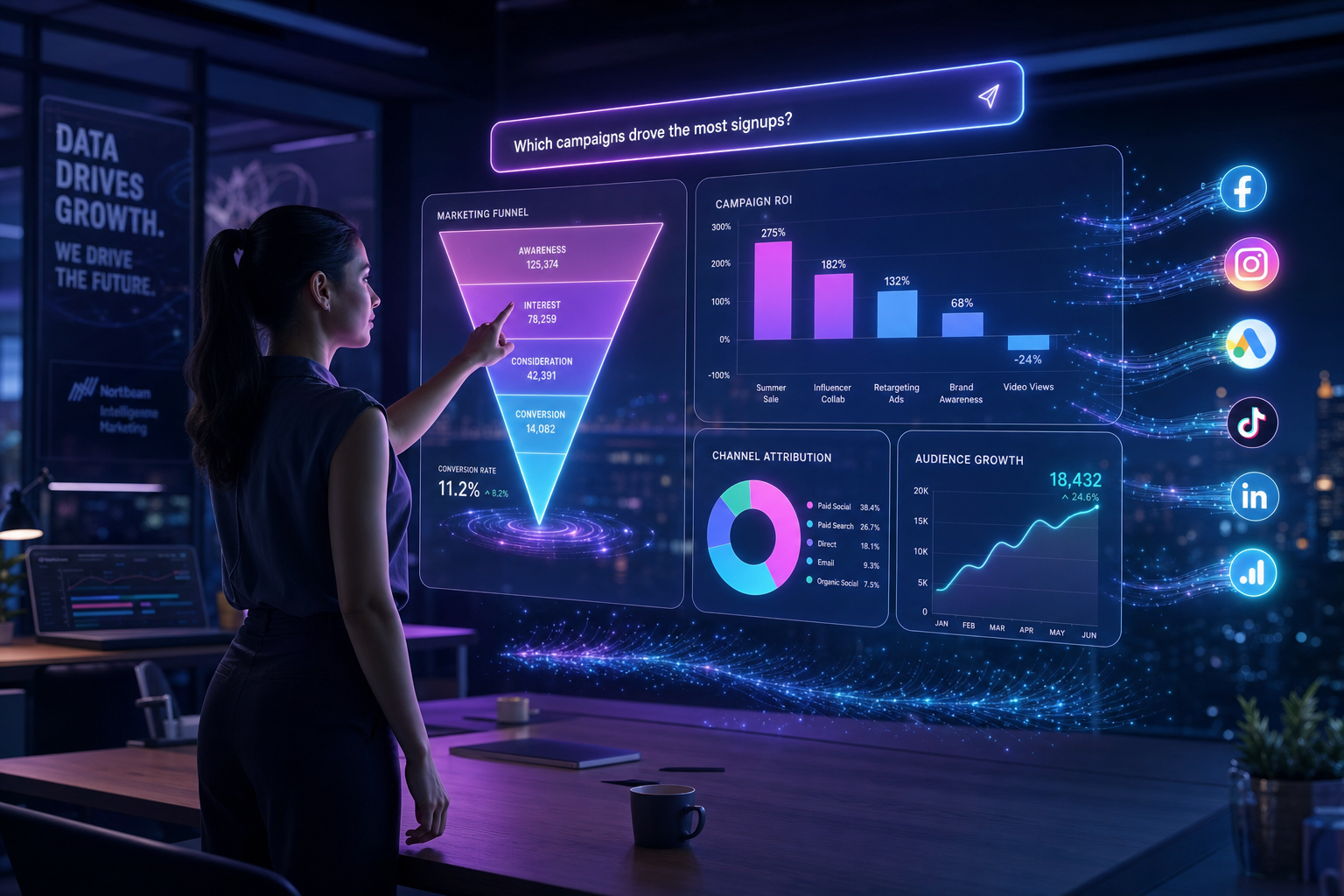 Marketing analyst exploring a holographic funnel, campaign ROI and channel-attribution dashboard