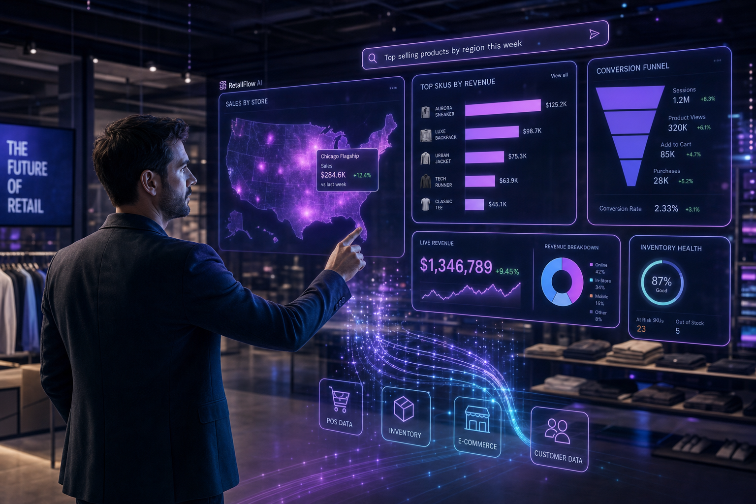 Retail manager interacting with a holographic sales-by-store heatmap and conversion funnel