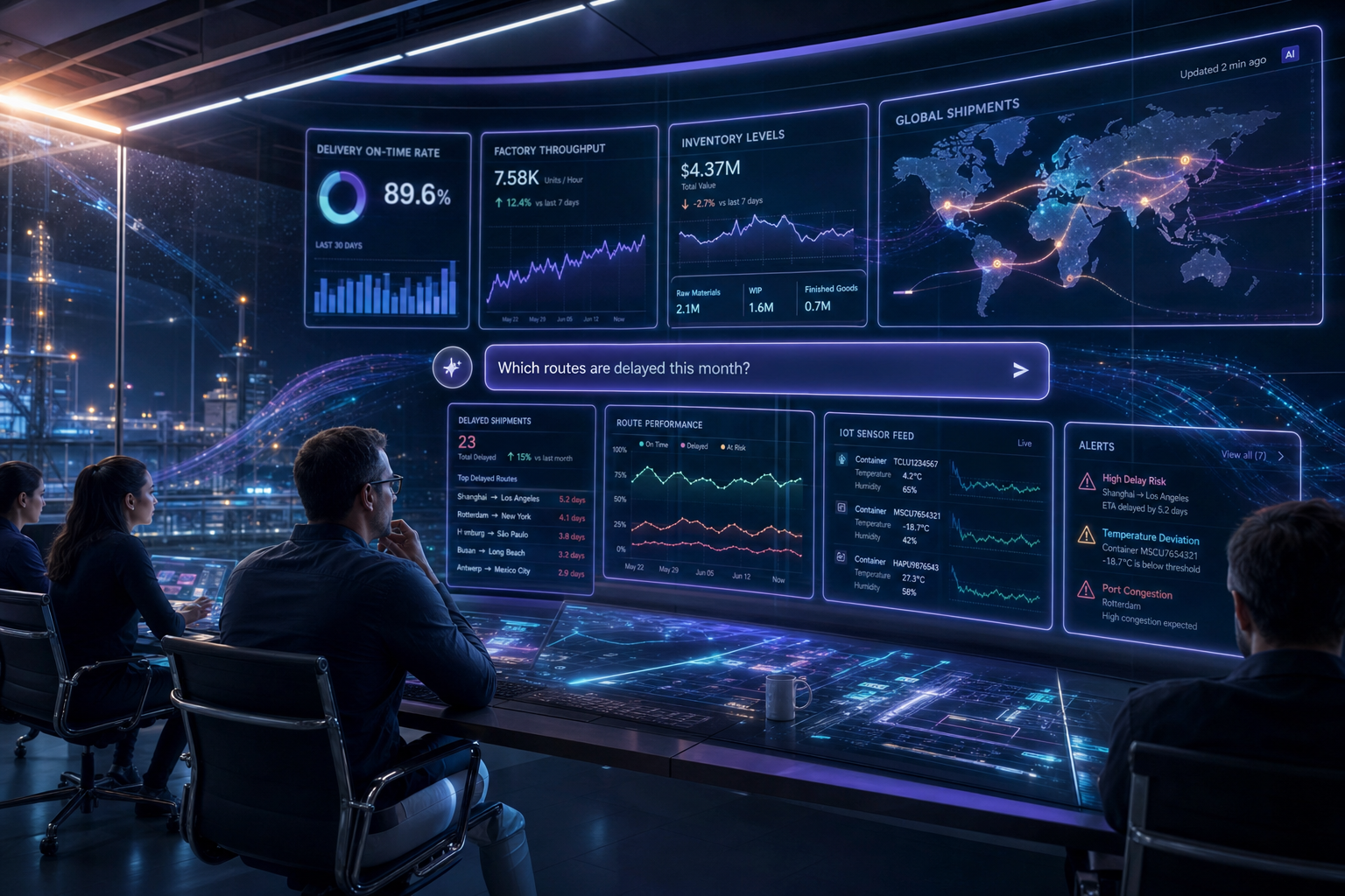 Logistics control room facing a holographic supply-chain analytics wall with shipment routes