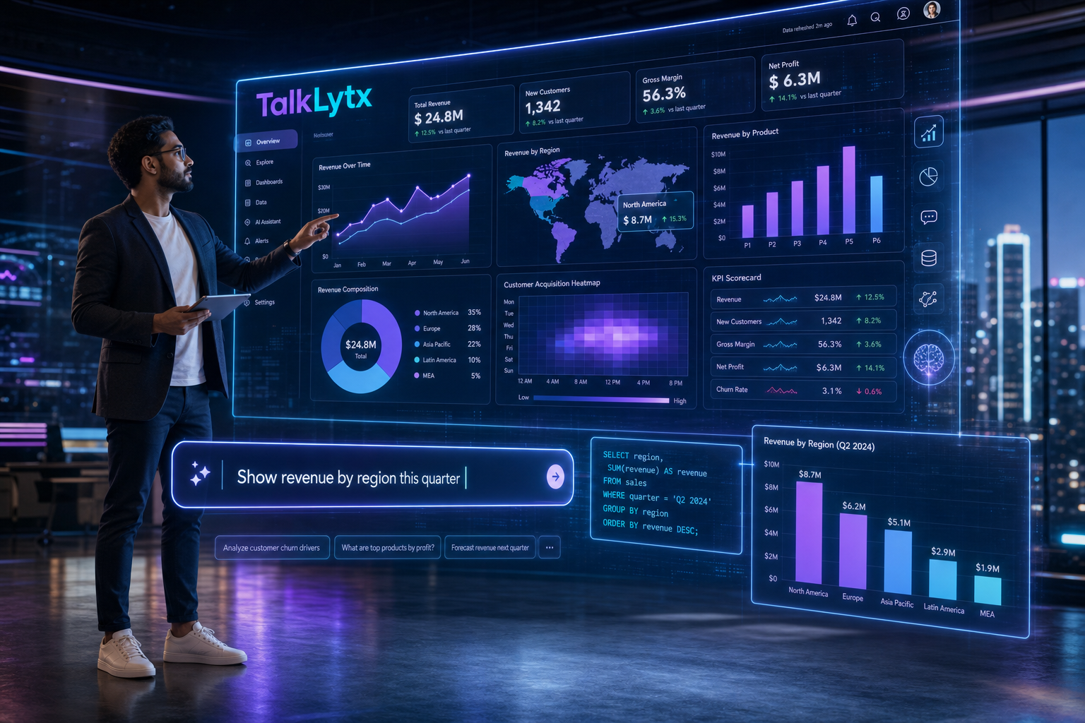 Data analyst gesturing at a glowing holographic TalkLytx dashboard with charts and a natural-language query bar
