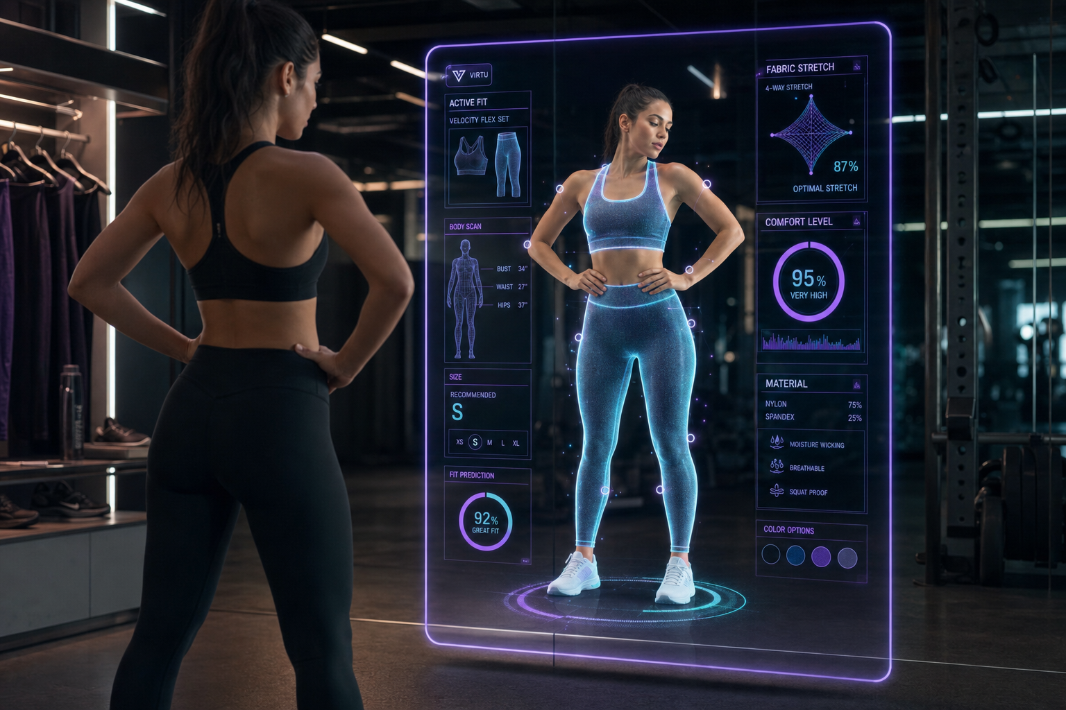 Athlete trying on activewear via a holographic mirror showing fabric stretch, fit prediction, and motion-capture pose tracking