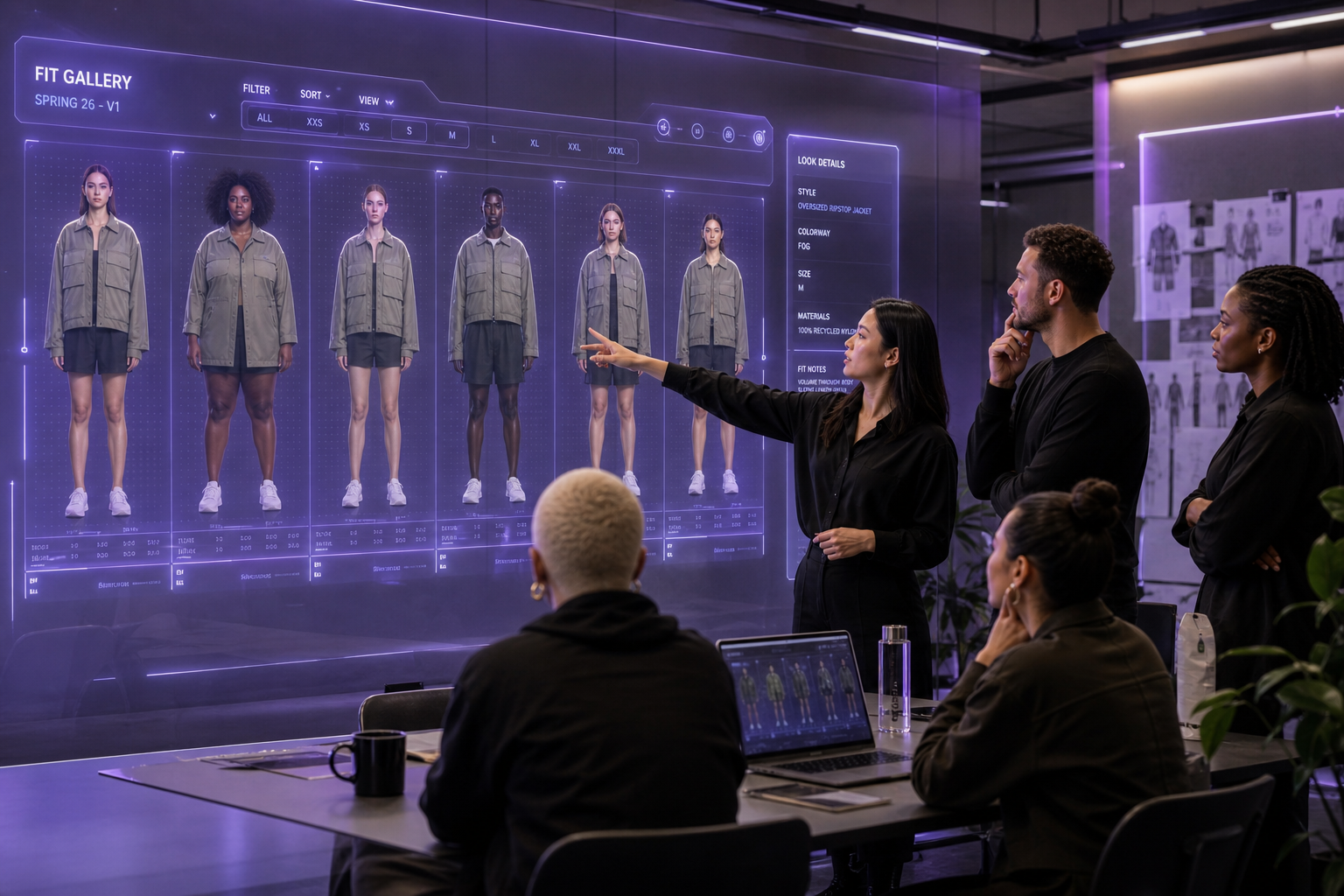 Brand creative team reviewing a holographic fit gallery of one garment shown on diverse avatar body types