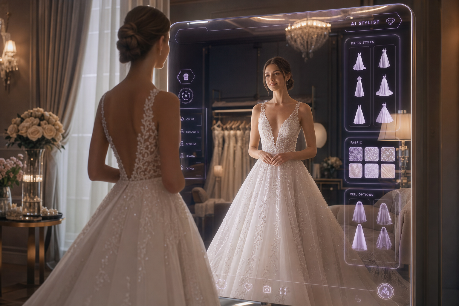 Bride in an atelier viewing a holographic smart mirror with an elegant wedding gown and silhouette, fabric, and veil options