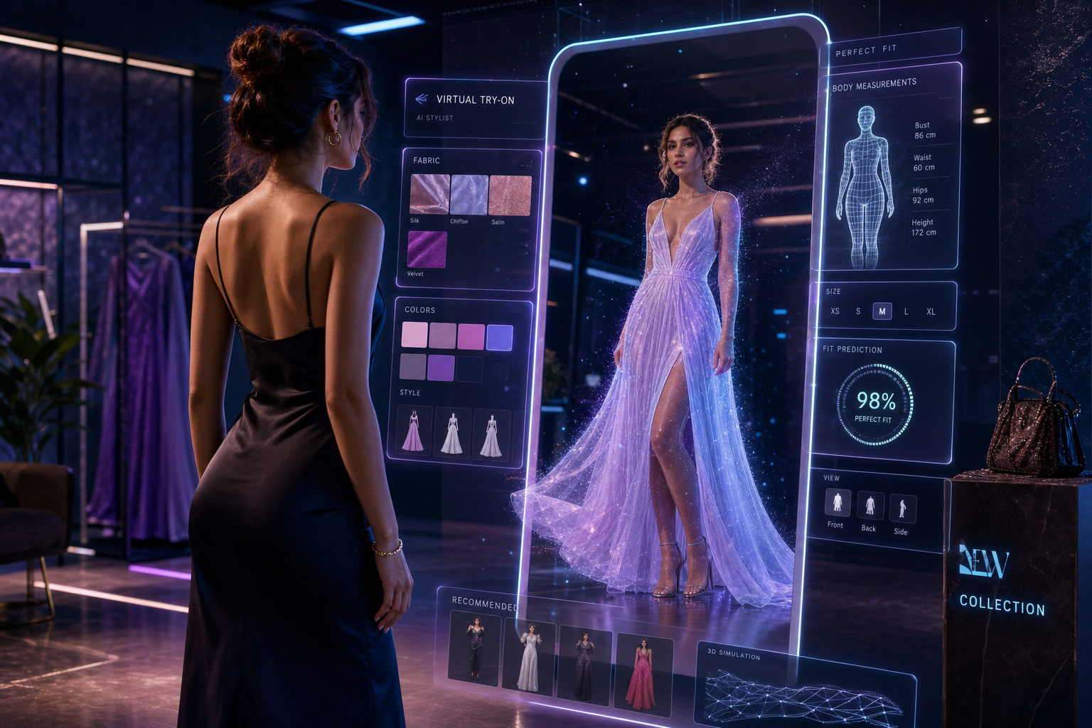 A shopper viewing a life-size holographic smart mirror that shows her in a glowing 3D dress with floating fabric, color, size, and 3D body-mesh panels