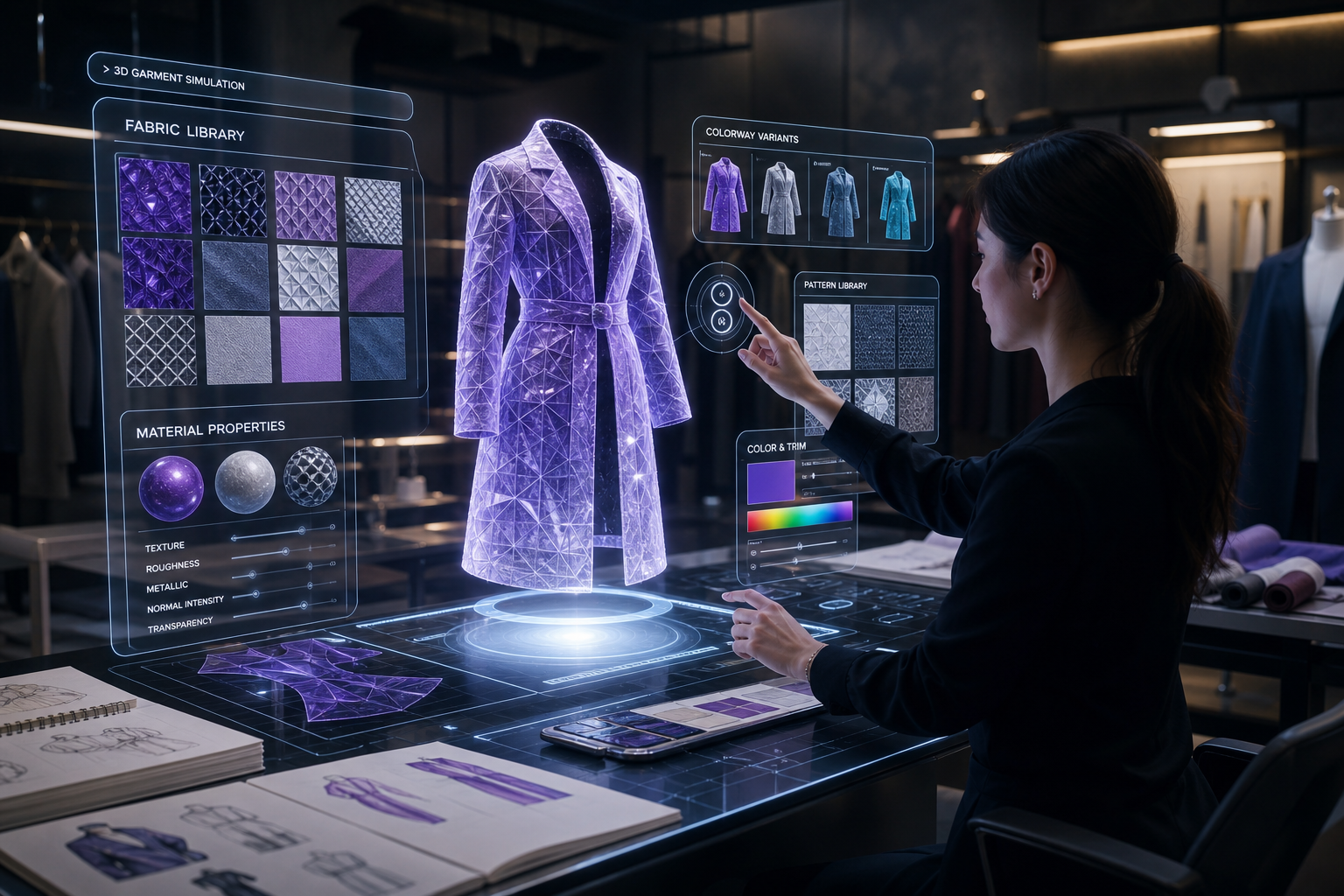 Fashion designer at a workstation editing a glowing 3D garment with holographic fabric, material, and colorway panels