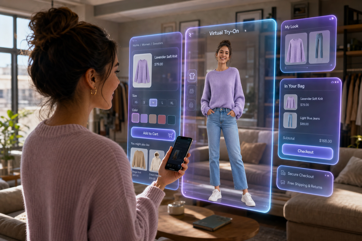 Online shopper at home viewing a holographic virtual try-on of herself in a casual outfit with size, color, and add-to-cart panels