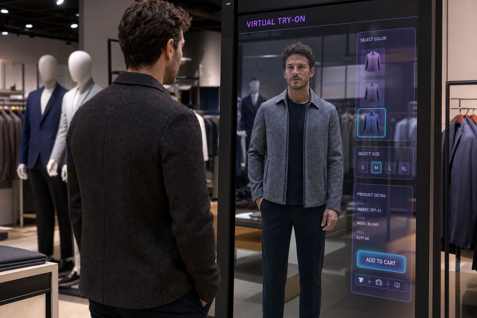 Customer in a boutique standing before a smart-mirror kiosk showing a virtual try-on of a jacket with colorway and size panels