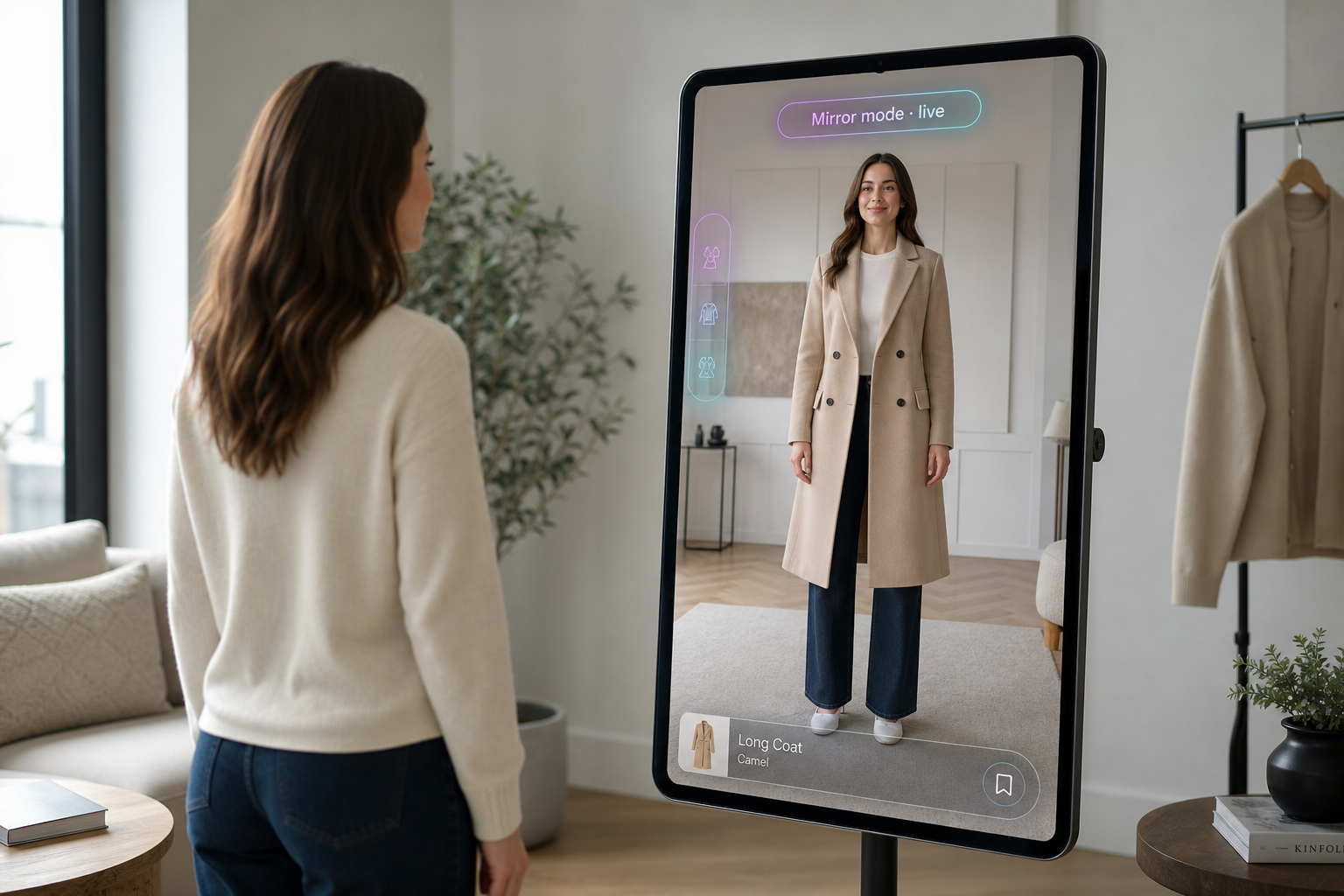 A person in a room facing a smart-mirror screen showing a virtual coat composited over their real body with correct occlusion