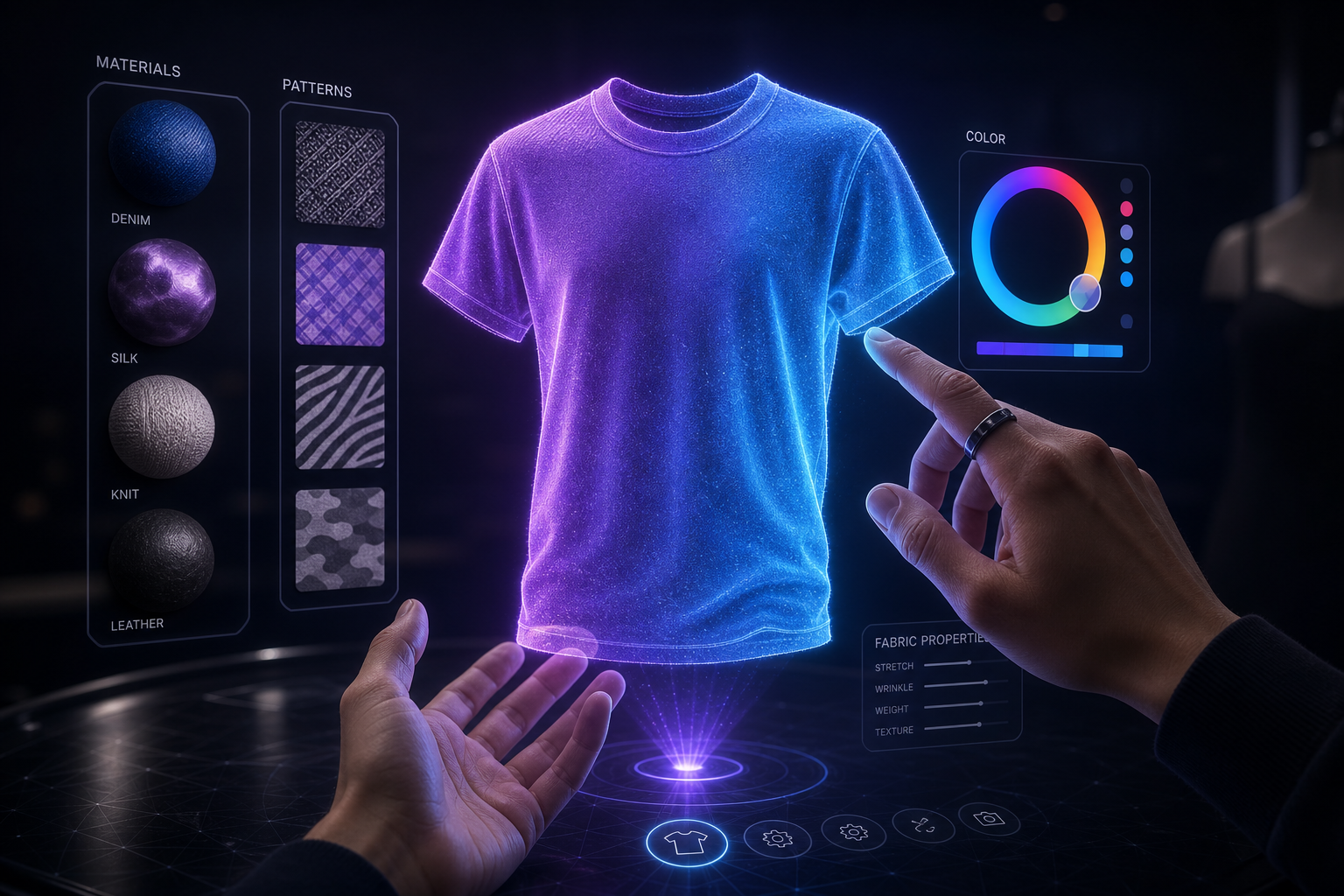 Hands recoloring a glowing 3D t-shirt with floating PBR material spheres, pattern tiles, and a color wheel in a virtual design studio