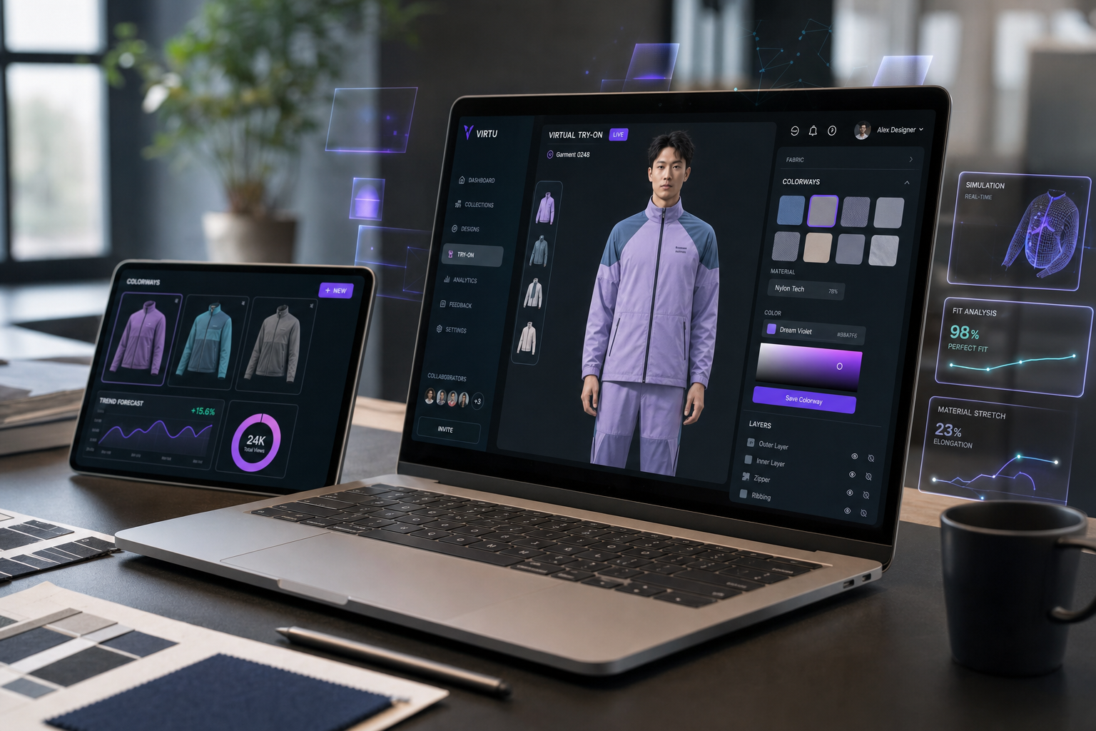 Laptop and tablet showing the Mirari VTON web app with a 3D garment preview, colorway swatches, material controls, fit analysis, and trend forecast